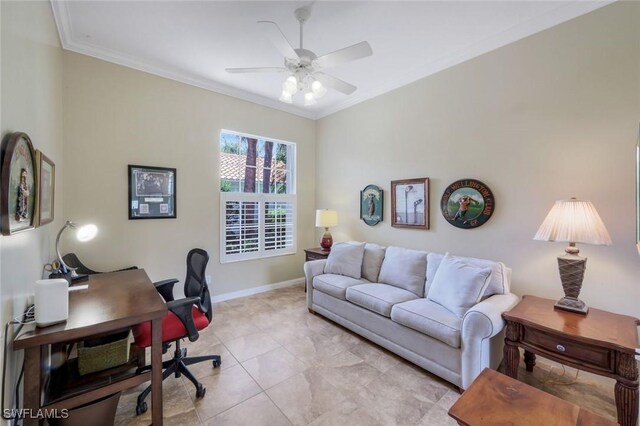 3774 Whidbey Way, Naples, FL 34119 - home office with crown molding, ceiling fan, baseboards, and light tile patterned floors