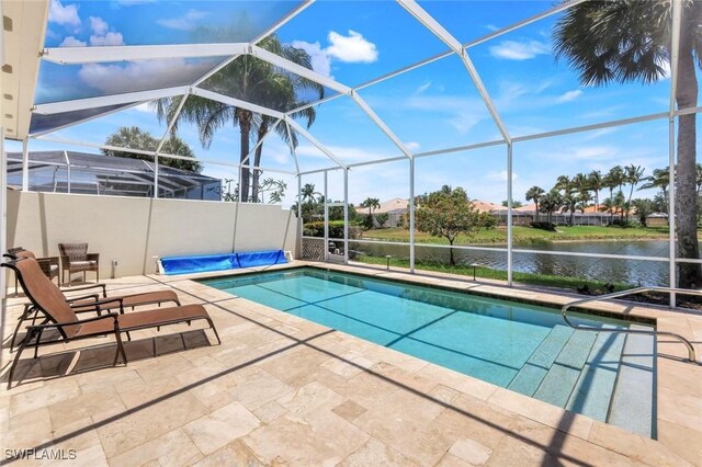 3774 Whidbey Way, Naples, FL 34119 - swimming pool with a water view, a patio, glass enclosure, and a hot tub