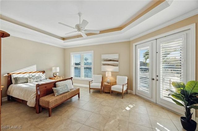 4013 Bastia Ct, Punta Gorda, FL 33950 - bedroom featuring a raised ceiling, access to exterior, french doors, crown molding, and ceiling fan