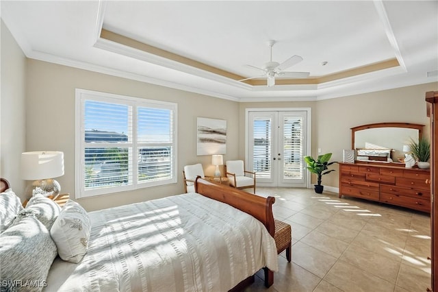 4013 Bastia Ct, Punta Gorda, FL 33950 - bedroom featuring a raised ceiling, french doors, access to outside, light tile patterned floors, and ornamental molding