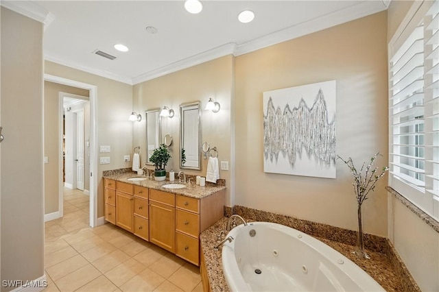 4013 Bastia Ct, Punta Gorda, FL 33950 - full bathroom featuring crown molding, double vanity, tile patterned floors, a whirlpool tub, and recessed lighting