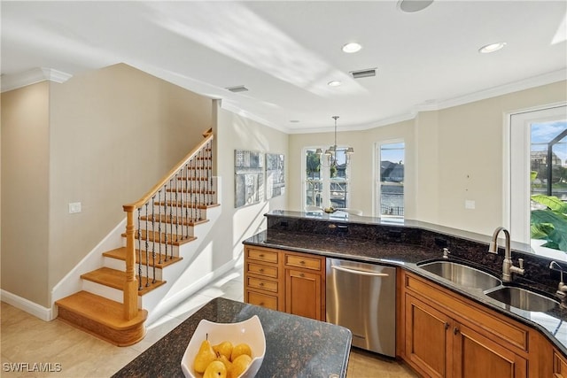 4013 Bastia Ct, Punta Gorda, FL 33950 - kitchen featuring stainless steel dishwasher, a sink, brown cabinets, ornamental molding, and dark stone countertops
