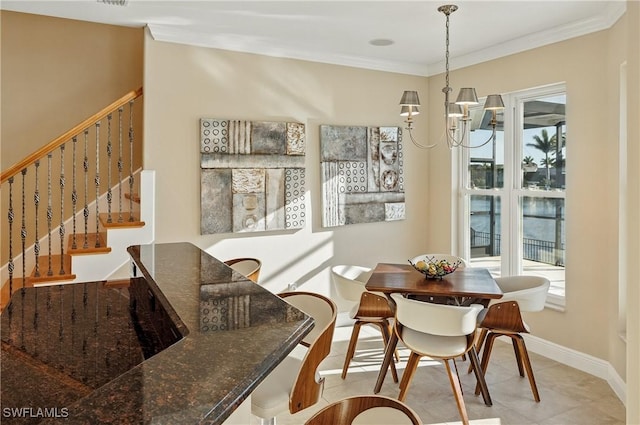 4013 Bastia Ct, Punta Gorda, FL 33950 - tiled dining area featuring ornamental molding, a chandelier, baseboards, and stairway