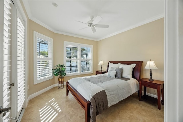 4013 Bastia Ct, Punta Gorda, FL 33950 - bedroom with crown molding, light tile patterned floors, baseboards, and ceiling fan
