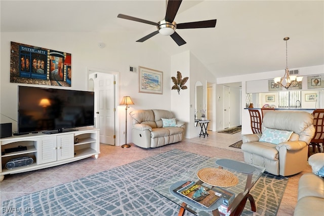 16000 Bay Pointe Blvd Unit 307, North Fort Myers, FL 33917 - tiled living area featuring ceiling fan, a chandelier, and high vaulted ceiling