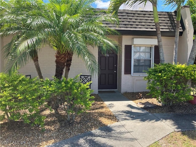 property entrance featuring brick siding, a shingled roof, and stucco siding