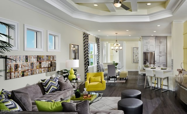 8881 Yucatan Ct, Naples, FL 34112 - living area with a chandelier, crown molding, dark wood-style floors, a ceiling fan, and recessed lighting
