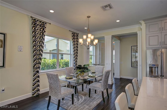 8881 Yucatan Ct, Naples, FL 34112 - dining room with baseboards, ornamental molding, a chandelier, dark wood-style floors, and recessed lighting