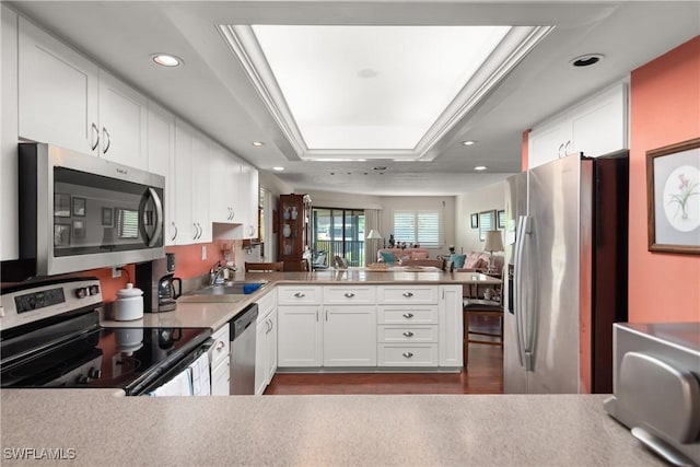 6979 Winkler Rd Unit 135, Fort Myers, FL 33919 - kitchen featuring stainless steel appliances, a sink, a peninsula, recessed lighting, and a tray ceiling