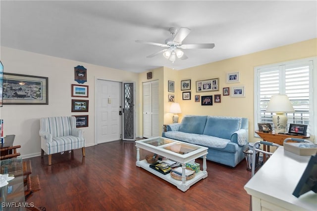 6979 Winkler Rd Unit 135, Fort Myers, FL 33919 - living room featuring wood finished floors, ceiling fan, and baseboards