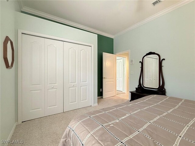 8736 Naples Heritage Dr, Naples, FL 34112 - unfurnished bedroom featuring crown molding, carpet floors, a closet, and baseboards