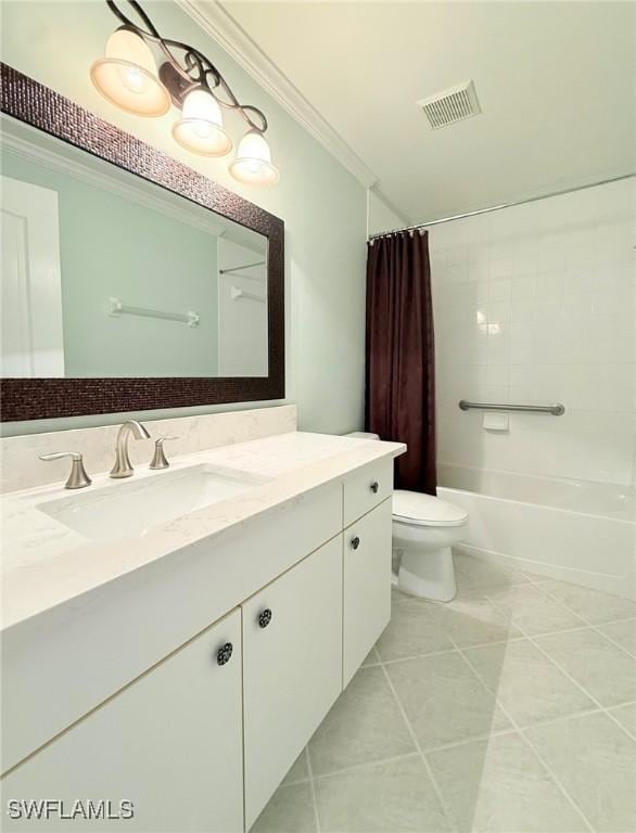 8736 Naples Heritage Dr, Naples, FL 34112 - bathroom featuring crown molding, toilet, tile patterned flooring, vanity, and shower / bath combo with shower curtain