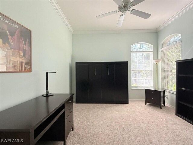 8736 Naples Heritage Dr, Naples, FL 34112 - bedroom featuring light colored carpet, ornamental molding, baseboards, a ceiling fan, and an office area