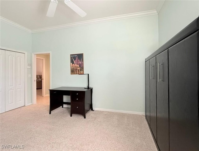 8736 Naples Heritage Dr, Naples, FL 34112 - home office with crown molding, light colored carpet, ceiling fan, and baseboards