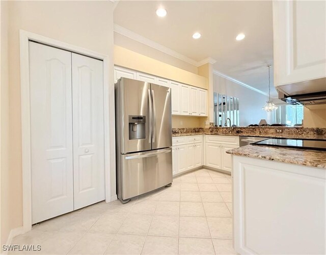 8736 Naples Heritage Dr, Naples, FL 34112 - kitchen featuring stainless steel refrigerator with ice dispenser, ornamental molding, a sink, white cabinets, and light tile patterned flooring