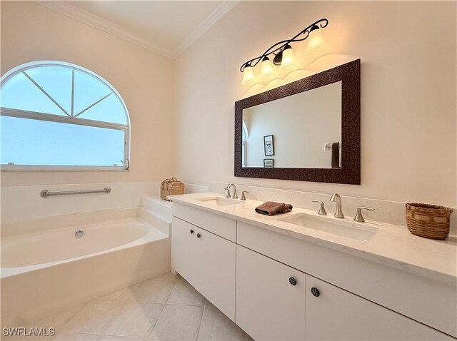 8736 Naples Heritage Dr, Naples, FL 34112 - full bathroom featuring crown molding, double vanity, a bath, and tile patterned flooring