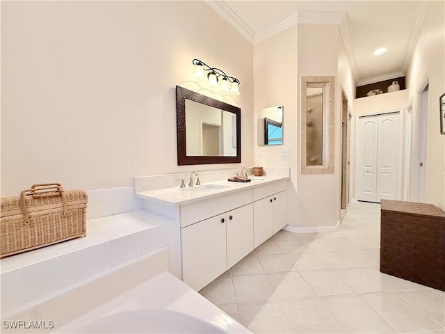 8736 Naples Heritage Dr, Naples, FL 34112 - bathroom featuring ornamental molding, a stall shower, vanity, tile patterned floors, and baseboards