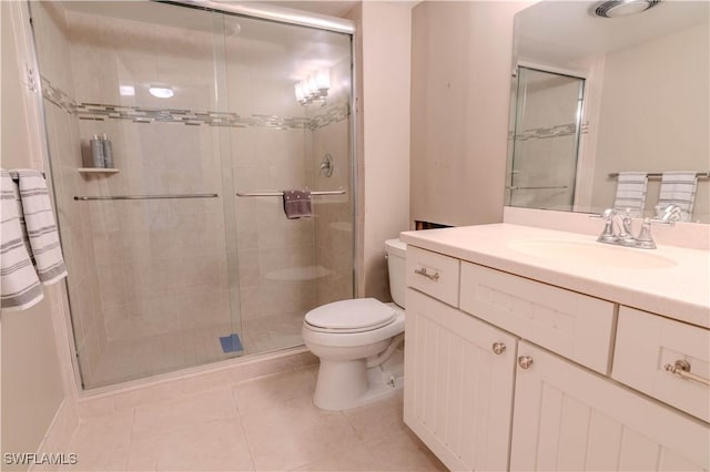 7150 Estero Blvd Unit 403, Fort Myers Beach, FL 33931 - bathroom featuring toilet, a shower stall, vanity, and tile patterned flooring