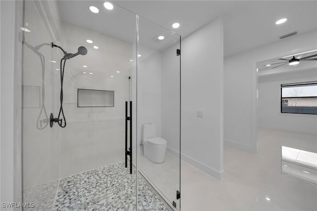 336 NE 25th St, Cape Coral, FL 33909 - bathroom with a shower stall, recessed lighting, toilet, and ceiling fan