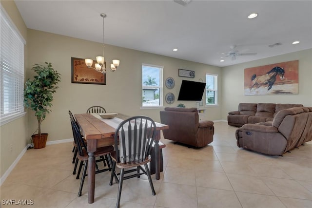2510 SW 24th Ct, Cape Coral, FL 33914 - dining room with light tile patterned floors, recessed lighting, a chandelier, baseboards, and a ceiling fan