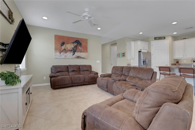 2510 SW 24th Ct, Cape Coral, FL 33914 - living room featuring a ceiling fan, recessed lighting, light tile patterned floors, and baseboards