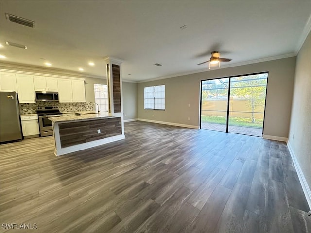 kitchen featuring stainless steel appliances, open floor plan, a ceiling fan, ornamental molding, and dark wood finished floors