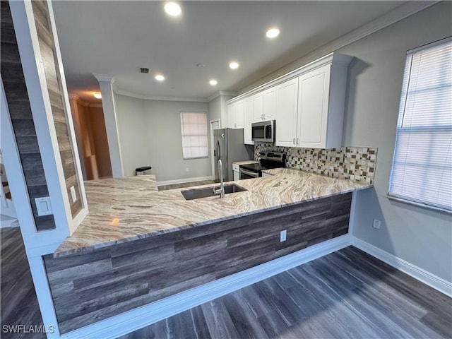 kitchen with stainless steel appliances, crown molding, light stone countertops, a sink, and a peninsula