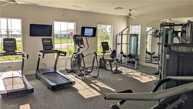 986 Enbrook Loop, Naples, FL 34114 - workout area with ceiling fan, baseboards, carpet floors, and plenty of natural light