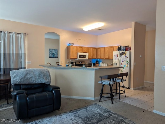 2543 Nature Pointe Loop, Fort Myers, FL 33905 - kitchen with white appliances, arched walkways, a peninsula, a kitchen breakfast bar, and light carpet