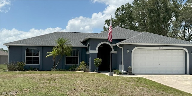 4109 11th St SW, Lehigh Acres, FL 33976 - single story home with an attached garage, stucco siding, a front yard, and roof with shingles