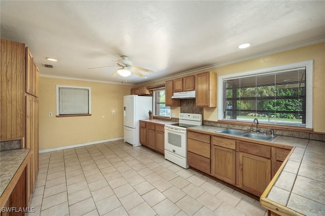 7384 Coon Rd, North Fort Myers, FL 33917 - kitchen with white appliances, a sink, under cabinet range hood, crown molding, and ceiling fan