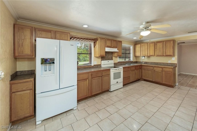 7384 Coon Rd, North Fort Myers, FL 33917 - kitchen with white appliances, under cabinet range hood, a ceiling fan, ornamental molding, and a sink