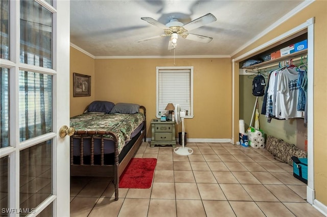 7384 Coon Rd, North Fort Myers, FL 33917 - bedroom featuring crown molding, light tile patterned flooring, a ceiling fan, and baseboards