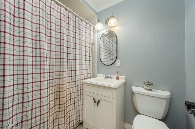 7384 Coon Rd, North Fort Myers, FL 33917 - full bathroom with toilet, vanity, curtained shower, and ornamental molding