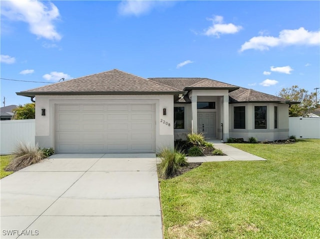2208 SW 12th Ln, Cape Coral, FL 33991 - prairie-style home featuring stucco siding, a garage, concrete driveway, and roof with shingles