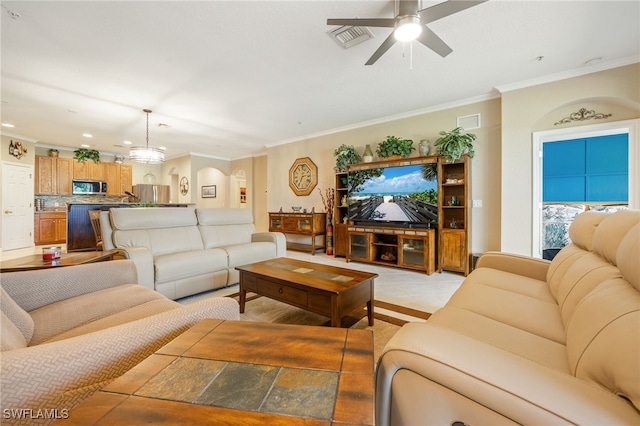 14746 Calusa Palms Dr Unit 102, Fort Myers, FL 33919 - living room with crown molding, a ceiling fan, and recessed lighting