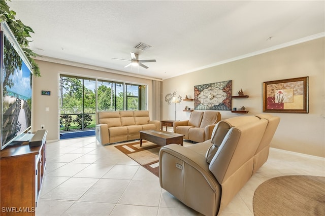14746 Calusa Palms Dr Unit 102, Fort Myers, FL 33919 - living room featuring crown molding, ceiling fan, baseboards, and light tile patterned floors