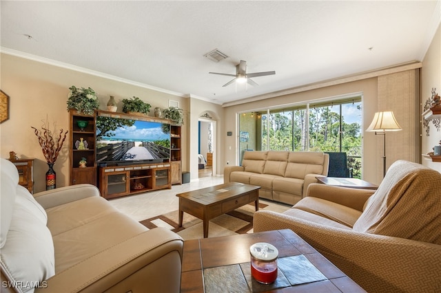 14746 Calusa Palms Dr Unit 102, Fort Myers, FL 33919 - living room featuring a ceiling fan, ornamental molding, and light tile patterned floors