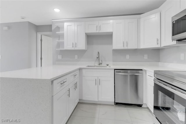 761 Fleming Ave S, Lehigh Acres, FL 33974 - kitchen featuring stainless steel appliances, a sink, light marble finish flooring, open shelves, and white cabinets