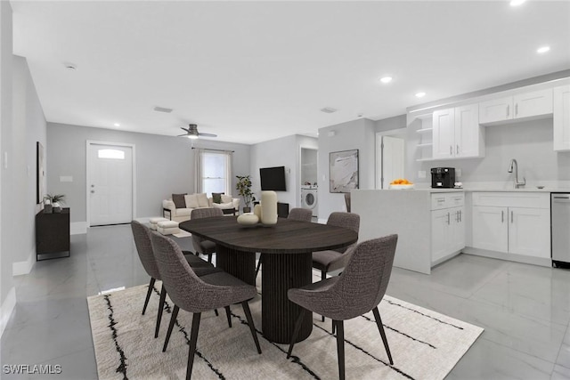 761 Fleming Ave S, Lehigh Acres, FL 33974 - dining space with recessed lighting, light marble finish flooring, separate washer and dryer, baseboards, and ceiling fan