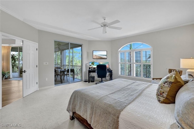 591 Audubon Blvd Unit B202, Naples, FL 34110 - bedroom with access to exterior, carpet flooring, a ceiling fan, ornamental molding, and an office area