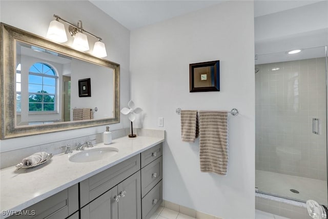 591 Audubon Blvd Unit B202, Naples, FL 34110 - bathroom with vanity, a stall shower, and tile patterned flooring