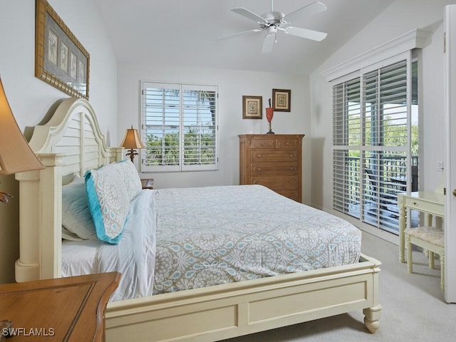 26986 Montego Pointe Ct Unit 202, Bonita Springs, FL 34134 - bedroom featuring vaulted ceiling, carpet floors, ceiling fan, and access to outside
