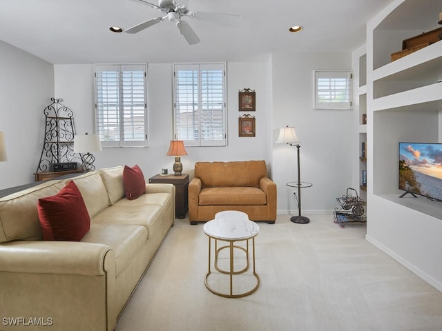 26986 Montego Pointe Ct Unit 202, Bonita Springs, FL 34134 - living area featuring carpet floors, ceiling fan, baseboards, recessed lighting, and built in features
