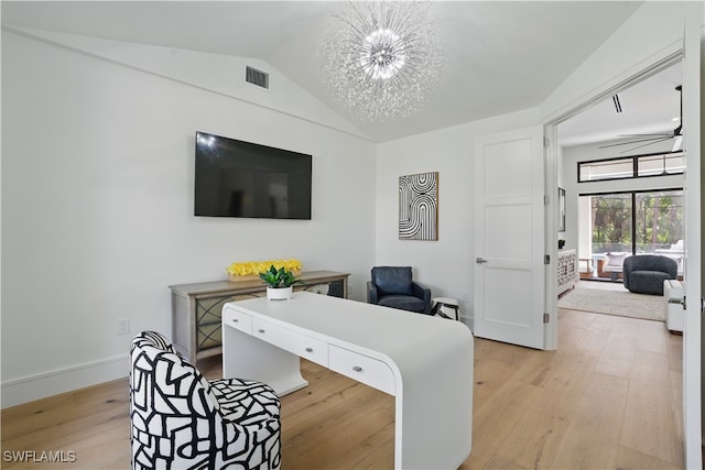 24721 Bay Bean Ct, Bonita Springs, FL 34134 - living area with lofted ceiling, light wood-style flooring, a chandelier, and baseboards