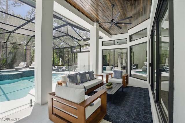 24721 Bay Bean Ct, Bonita Springs, FL 34134 - view of patio / terrace with outdoor lounge area, ceiling fan, a lanai, and a pool with connected hot tub