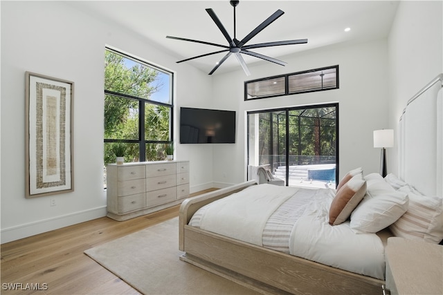 24721 Bay Bean Ct, Bonita Springs, FL 34134 - bedroom with access to exterior, light wood finished floors, baseboards, recessed lighting, and ceiling fan