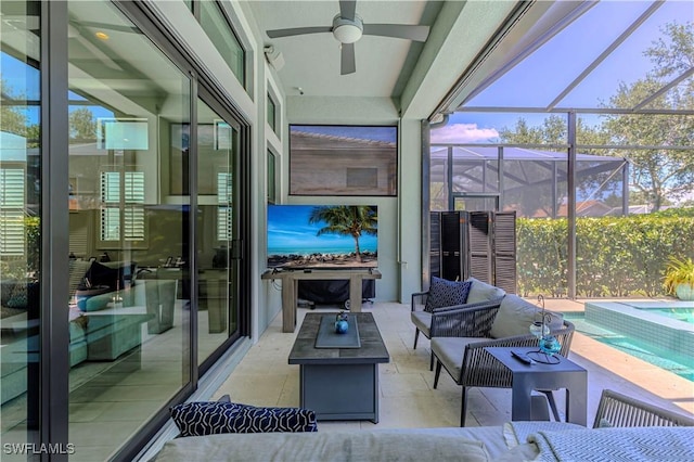 10138 Palazzo Dr, Naples, FL 34119 - view of patio / terrace featuring an outdoor living space with a fire pit, ceiling fan, an outdoor pool, a jacuzzi, and a lanai