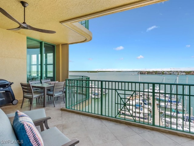 1079 Bald Eagle Dr Unit N604, Marco Island, FL 34145 - balcony featuring a water view and a ceiling fan