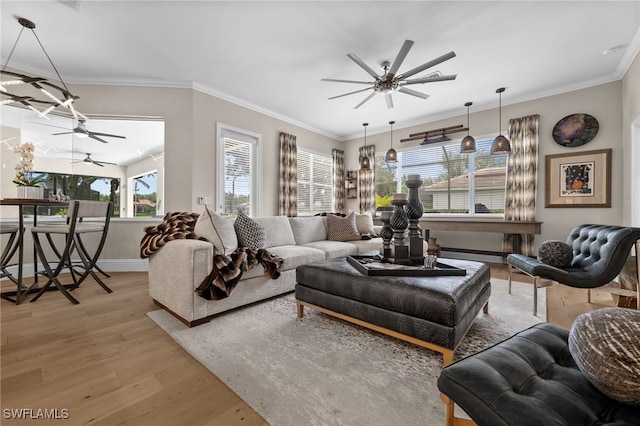 12501 Walden Run Dr, Fort Myers, FL 33913 - living area with ceiling fan, light wood-type flooring, crown molding, and baseboards